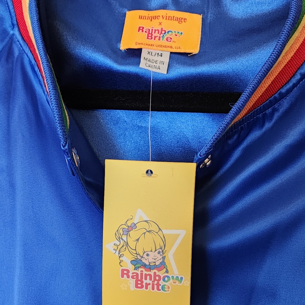 Unique Vintage X Rainbow Brite Royal Blue Satin Bomber Jacket NWT Size XL - Picture 6 of 9